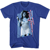 Bright blue T-shirt featuring a blue-toned photo of Tina Turner against vertical stripes, with her name written in large pink script along the right side.