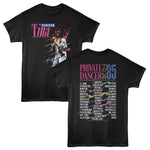 Black T-shirt featuring a colorful vintage-style photo of Tina Turner performing on the front with pink and blue text reading “Tina Turner,” and a full “Private Dancer Tour ’85” city list printed on the back.