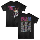 Black T-shirt featuring a colorful vintage-style photo of Tina Turner performing on the front with pink and blue text reading “Tina Turner,” and a full “Private Dancer Tour ’85” city list printed on the back.