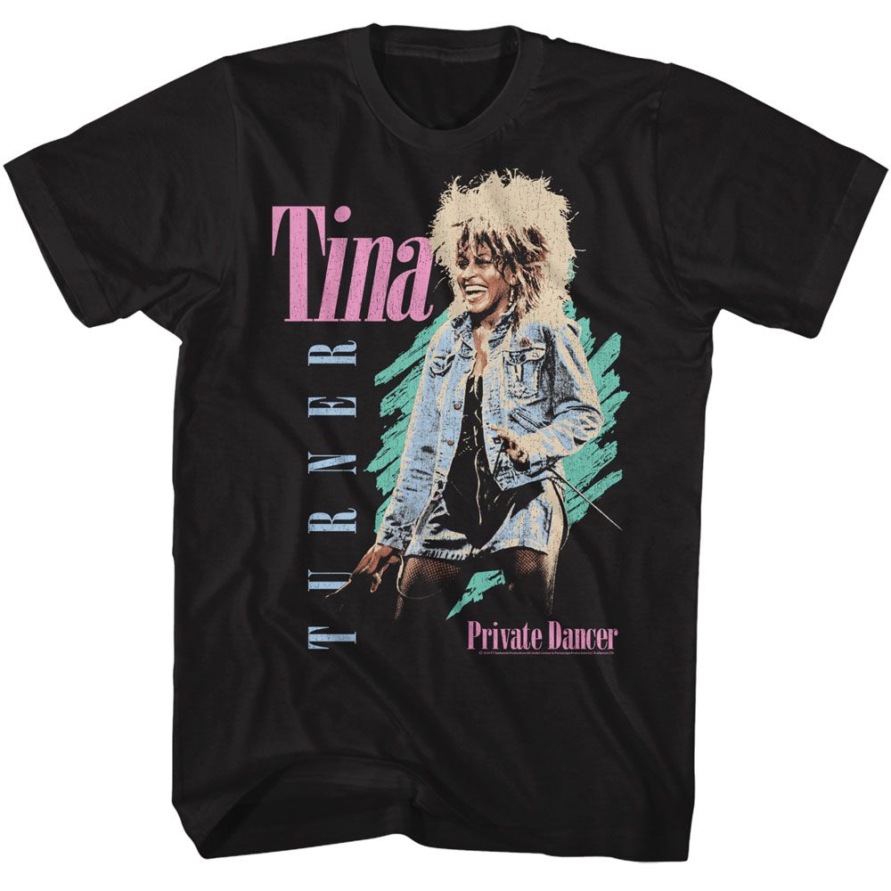 Black T-shirt featuring a vintage-style graphic of Tina Turner in a denim outfit, with bold pink and blue text reading “Tina Turner” and “Private Dancer” against a teal brushstroke background.