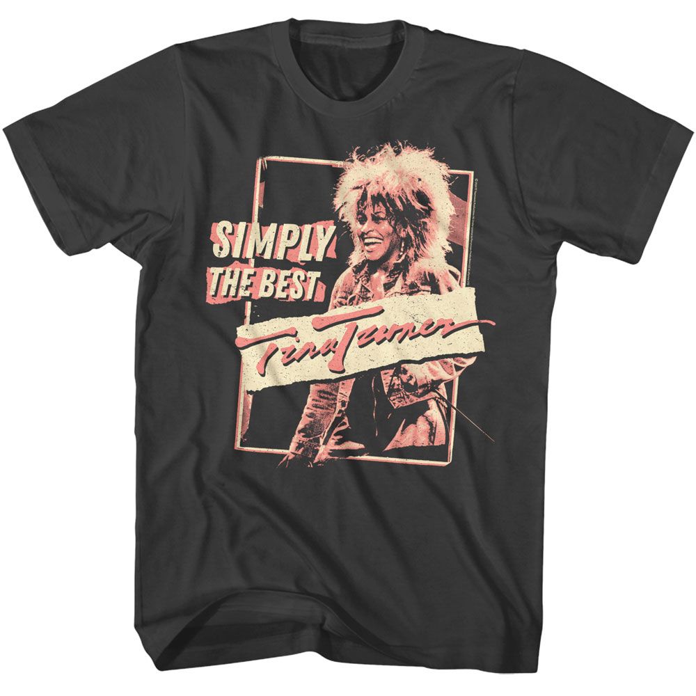 Black T-shirt featuring a distressed red-and-cream vintage-style portrait of Tina Turner with the text “Simply The Best” and her signature in a bold script banner.