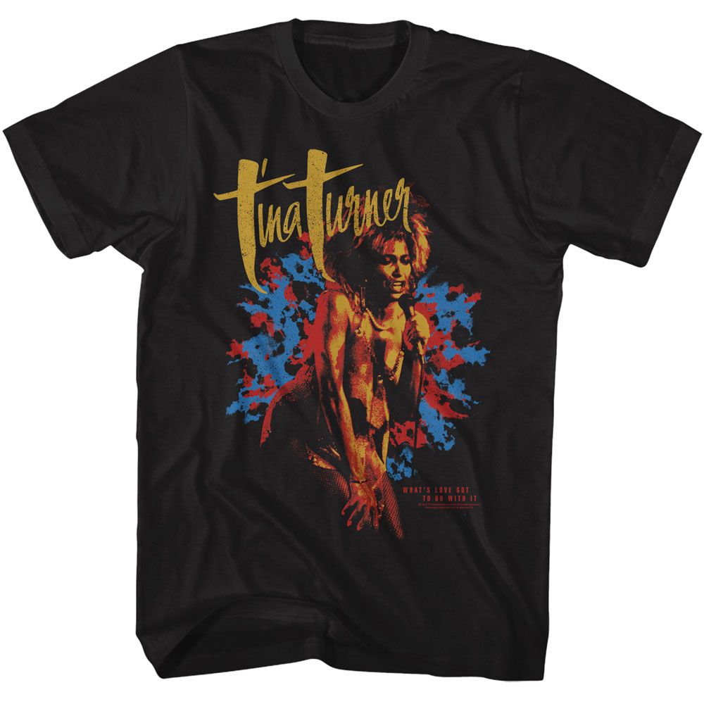 Black T-shirt featuring a distressed red, blue, and gold graphic of Tina Turner performing, with her signature in gold script above and “What’s Love Got to Do With It” printed below.