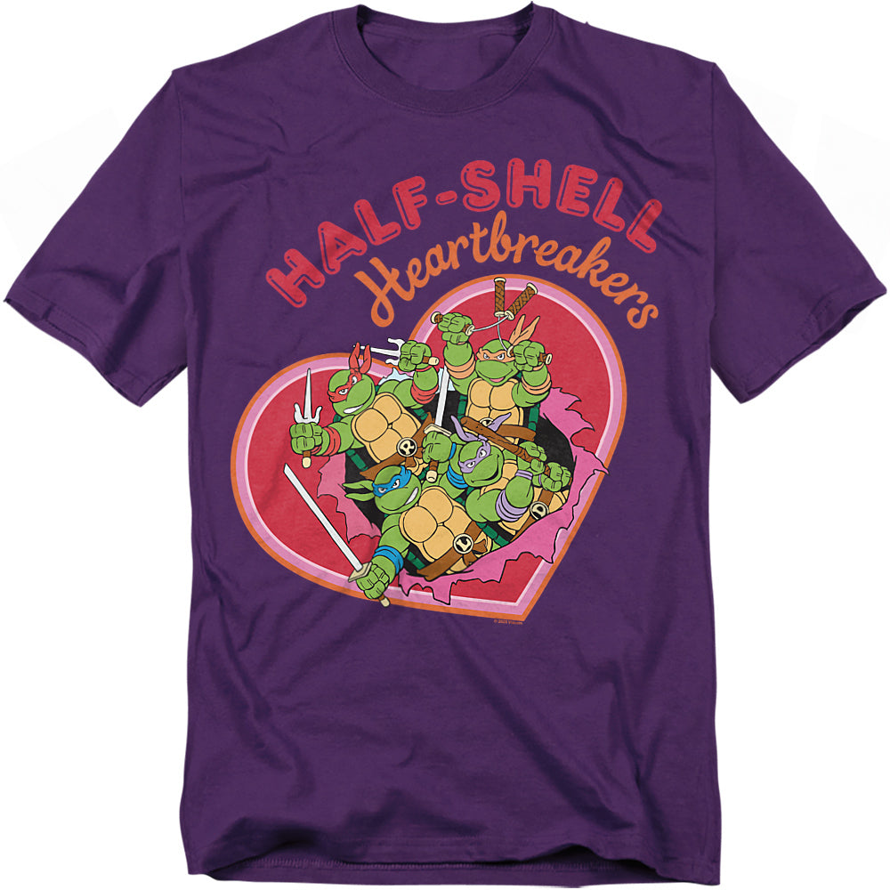 Purple Teenage Mutant Ninja Turtles Valentine t-shirt featuring a heart graphic with all four turtles and the text “Half-Shell Heartbreakers.”