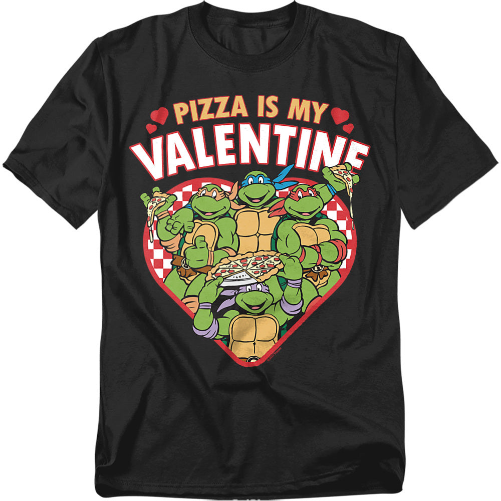 Black Teenage Mutant Ninja Turtles Valentine t-shirt with a heart graphic, pizza slices, and the text “Pizza Is My Valentine.”