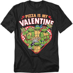 Black Teenage Mutant Ninja Turtles Valentine t-shirt with a heart graphic, pizza slices, and the text “Pizza Is My Valentine.”