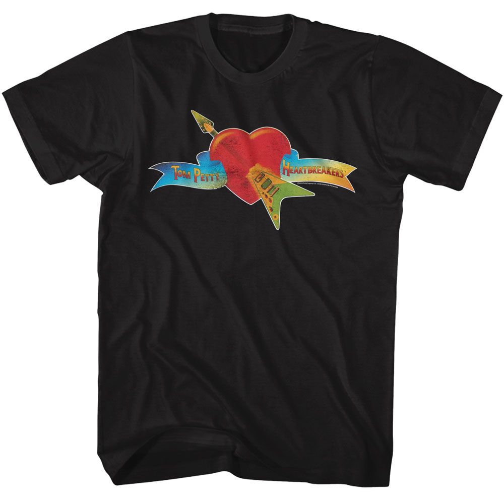 Black Tom Petty and the Heartbreakers t-shirt with a retro heart pierced by a guitar and banner logo design.