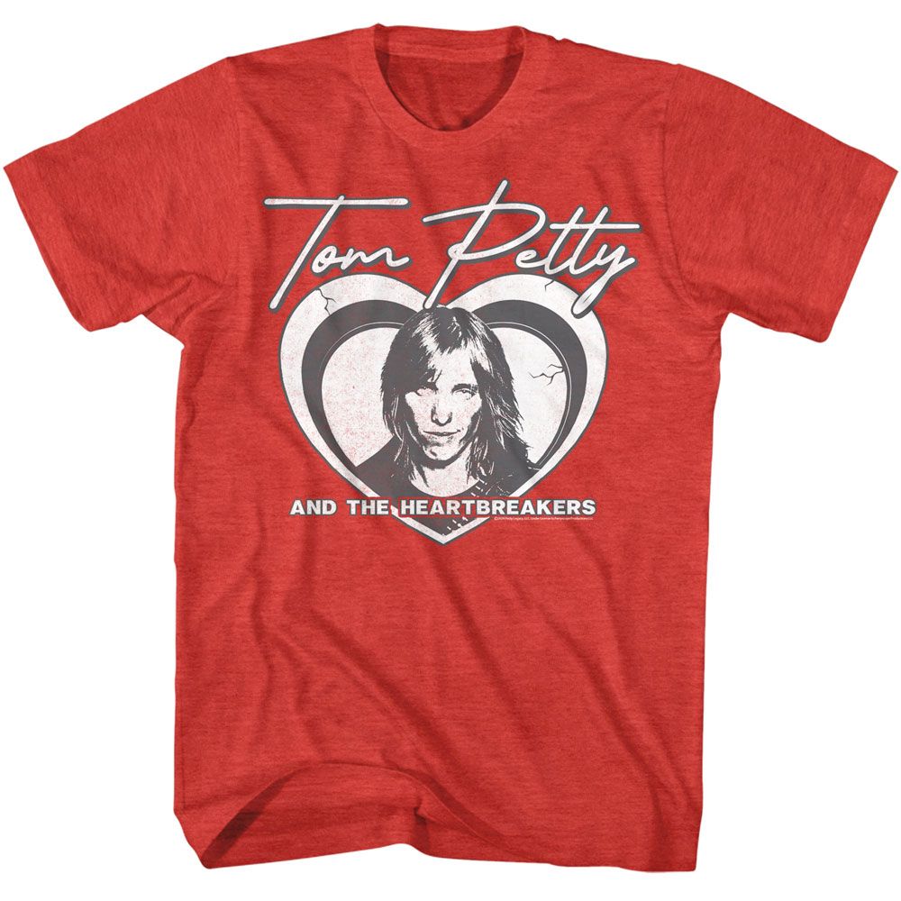 Red Tom Petty and the Heartbreakers t-shirt featuring a black-and-white portrait of Tom Petty inside a heart graphic.