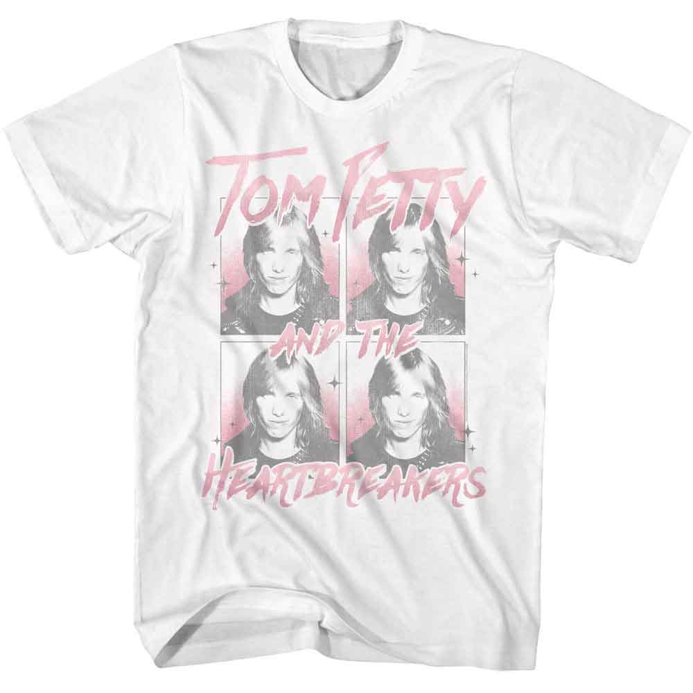 White Tom Petty and the Heartbreakers t-shirt featuring four black-and-white portrait panels with pink accents and stylized band lettering.