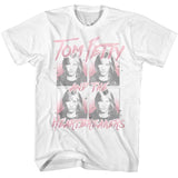 White Tom Petty and the Heartbreakers t-shirt featuring four black-and-white portrait panels with pink accents and stylized band lettering.