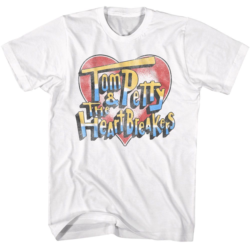 White Tom Petty and the Heartbreakers t-shirt with a retro heart graphic and colorful distressed lettering.