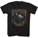 Black Tom Petty and the Heartbreakers t-shirt featuring a vintage portrait of Tom Petty wearing a top hat with angel wings and multicolor distressed lettering.