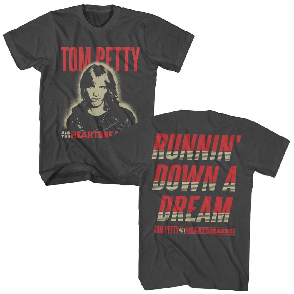 Charcoal gray Tom Petty t-shirt featuring a front portrait of Tom Petty with red lettering and a back graphic reading “Runnin’ Down a Dream” in bold vintage typography.