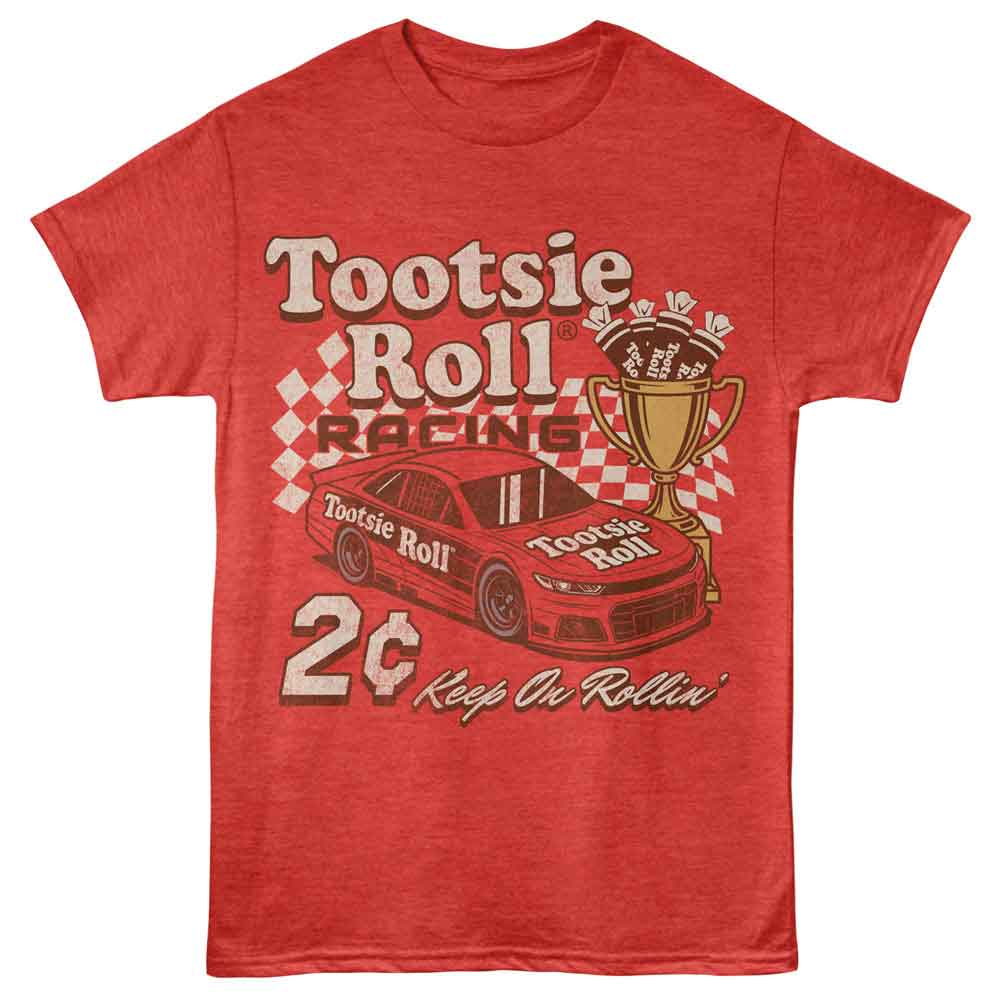 Red Tootsie Roll Racing T-shirt featuring race car, trophy, and 2C Keep On Rollin slogan
