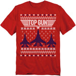Red t-shirt featuring a knit-style Top Gun design with fighter jets, stars, and holiday sweater patterns.