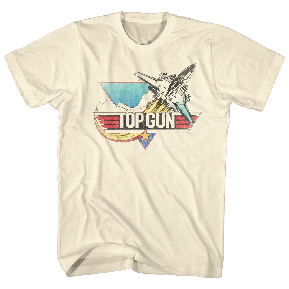 Cream Top Gun T-shirt featuring retro jet graphic with classic Top Gun logo and wings