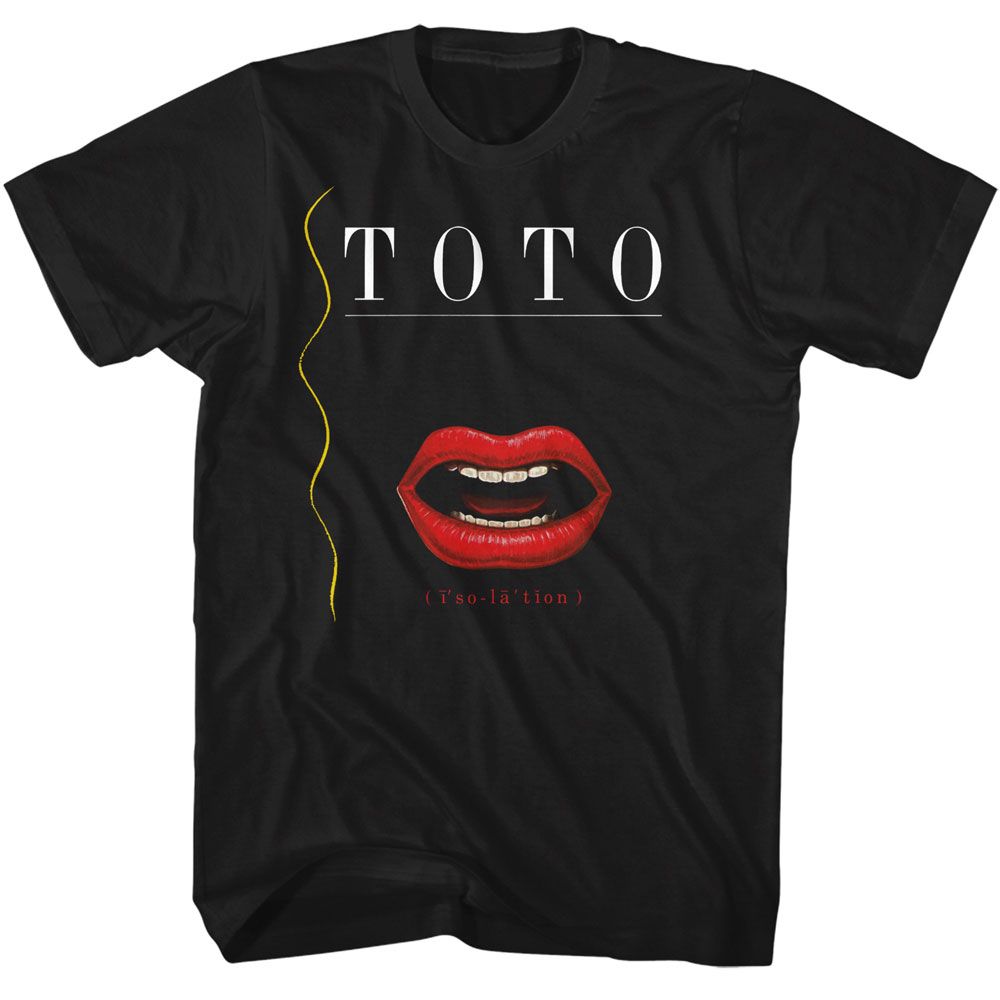 Black T-shirt featuring Toto Isolation album artwork with red lips and band name