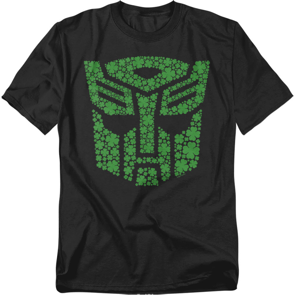 Black Transformers T-shirt featuring a green Autobot emblem made of shamrock shapes