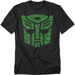 Black Transformers T-shirt featuring a green Autobot emblem made of shamrock shapes