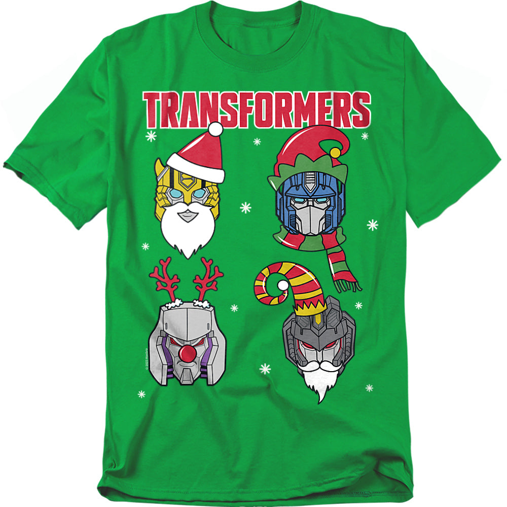 Green T-shirt featuring festive Transformers characters dressed as Santa, elves, and reindeer with snowflakes in the background.