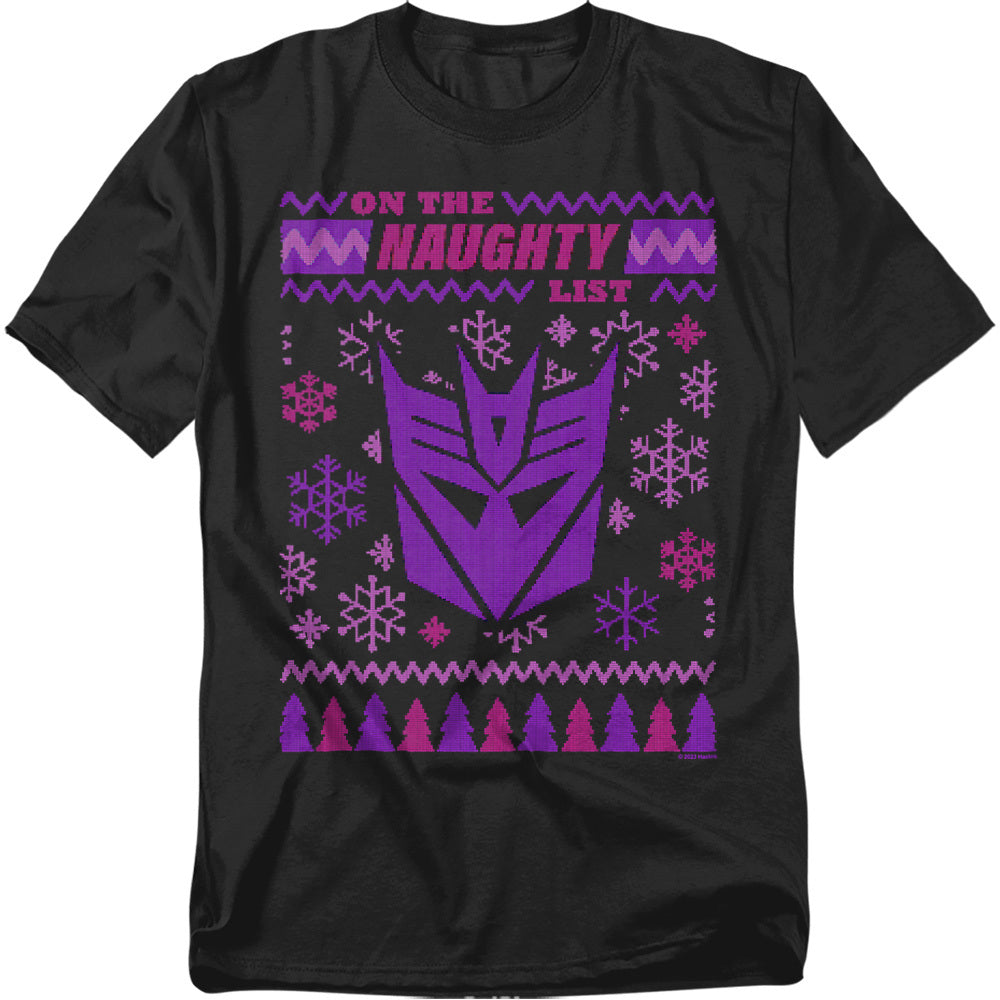Black T-shirt featuring the purple Decepticon logo with snowflakes and “On the Naughty List” in holiday sweater-style design