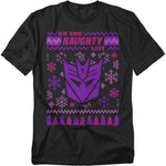 Black T-shirt featuring the purple Decepticon logo with snowflakes and “On the Naughty List” in holiday sweater-style design