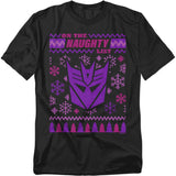 Black T-shirt featuring the purple Decepticon logo with snowflakes and “On the Naughty List” in holiday sweater-style design