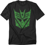Black Transformers T-shirt featuring a green Decepticon emblem made of shamrock shapes