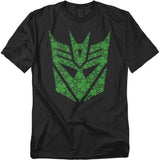 Black Transformers T-shirt featuring a green Decepticon emblem made of shamrock shapes