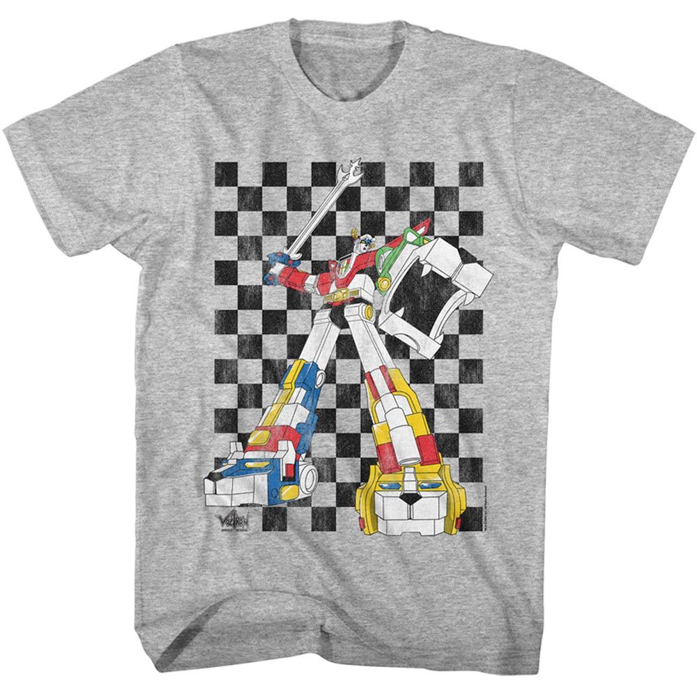 Classic Voltron robot illustration with checkerboard background printed on a gray T-shirt