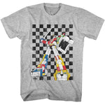Classic Voltron robot illustration with checkerboard background printed on a gray T-shirt