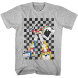 Classic Voltron robot illustration with checkerboard background printed on a gray T-shirt