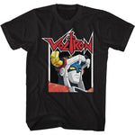 Black Voltron T-shirt featuring close-up portrait of Voltron’s head with red Voltron logo above
