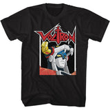Black Voltron T-shirt featuring close-up portrait of Voltron’s head with red Voltron logo above