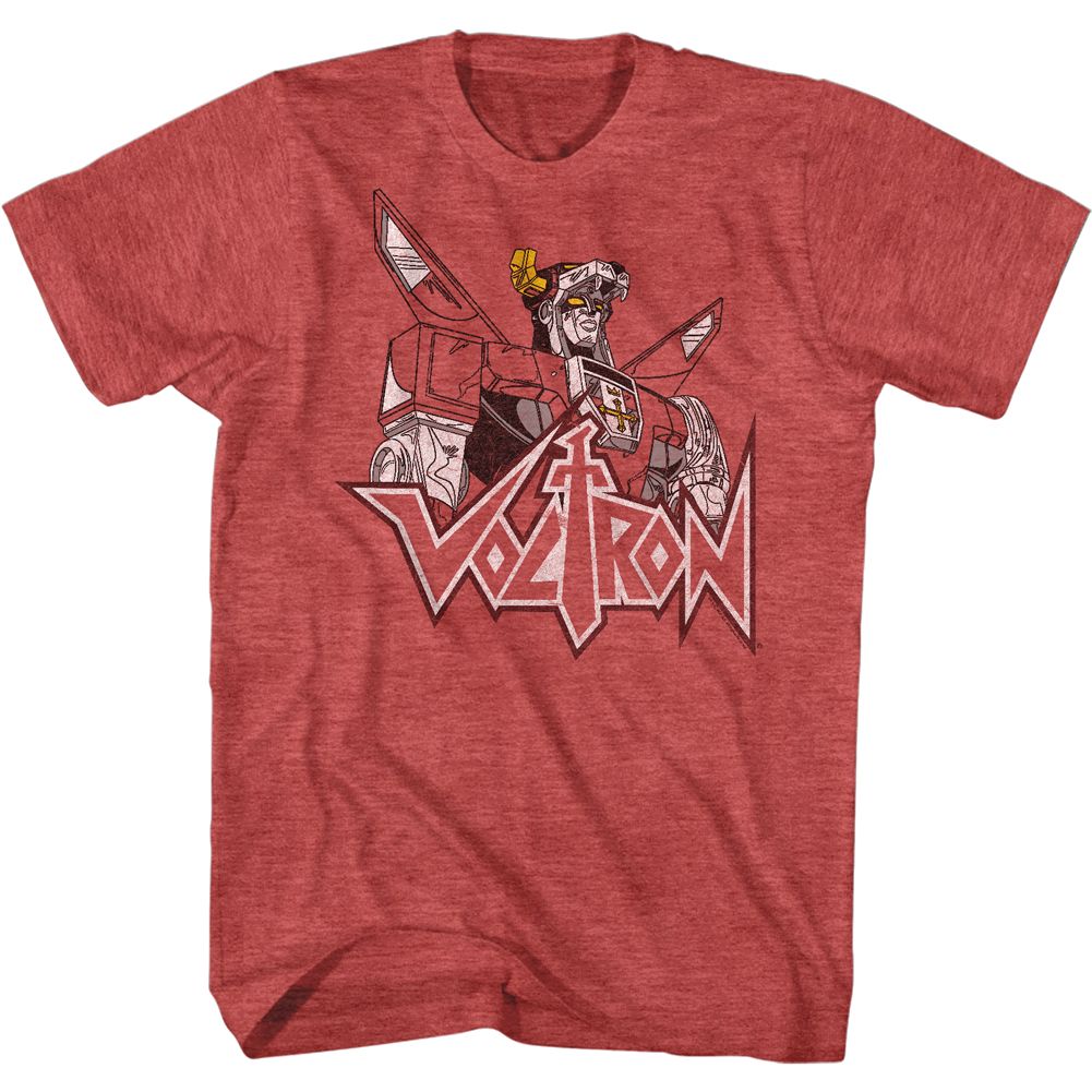 Red heather Voltron T-shirt featuring detailed Voltron robot illustration with large Voltron logo across the chest