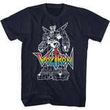 Navy blue Voltron T-shirt featuring white outline of Voltron robot with rainbow Voltron logo across the center