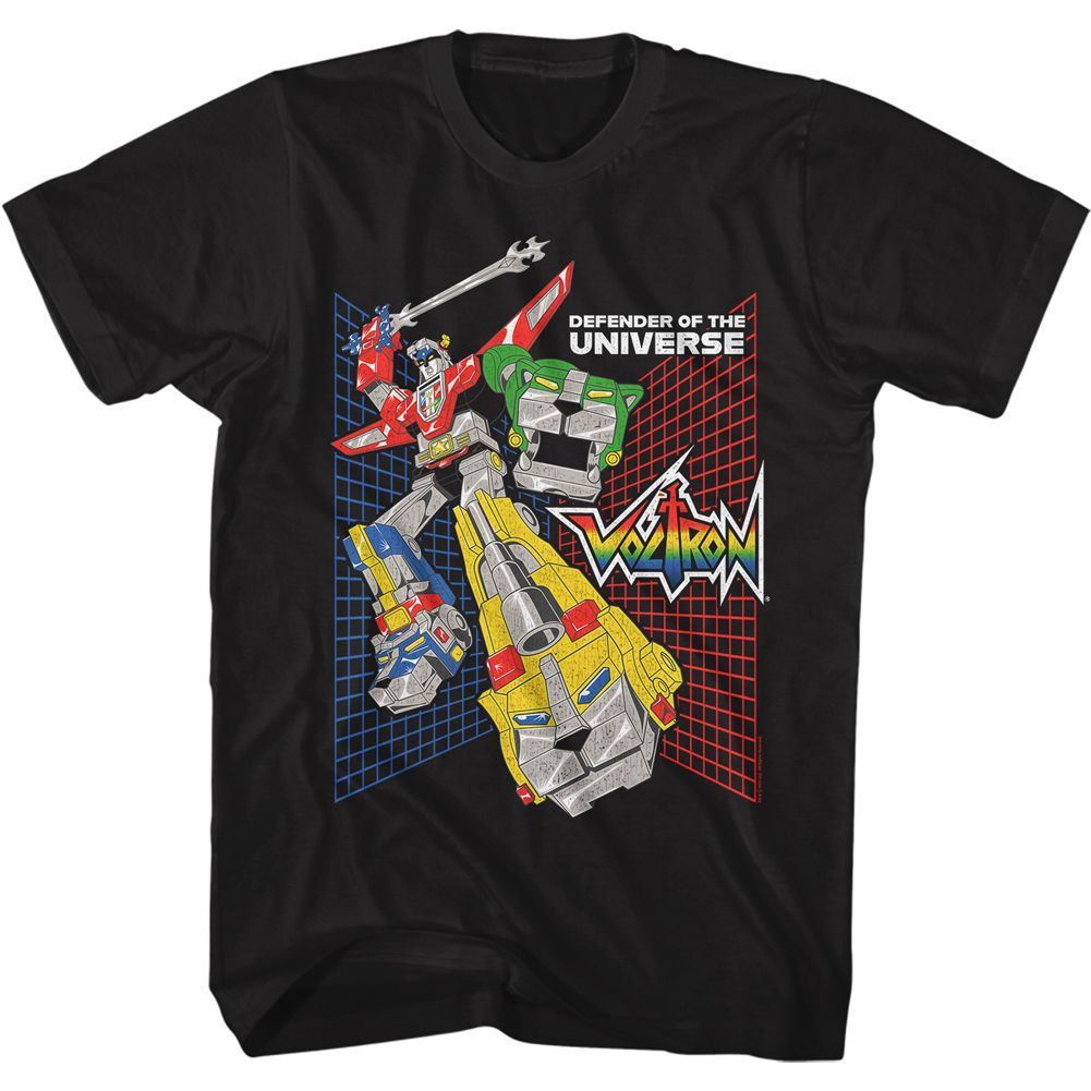 Black Voltron T-shirt featuring Voltron with sword raised over red and blue retro grid background and Defender of the Universe text