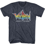 Heather navy Voltron T-shirt featuring rainbow Voltron logo with “Defender of the Universe” text underneath