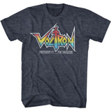 Heather navy Voltron T-shirt featuring rainbow Voltron logo with “Defender of the Universe” text underneath