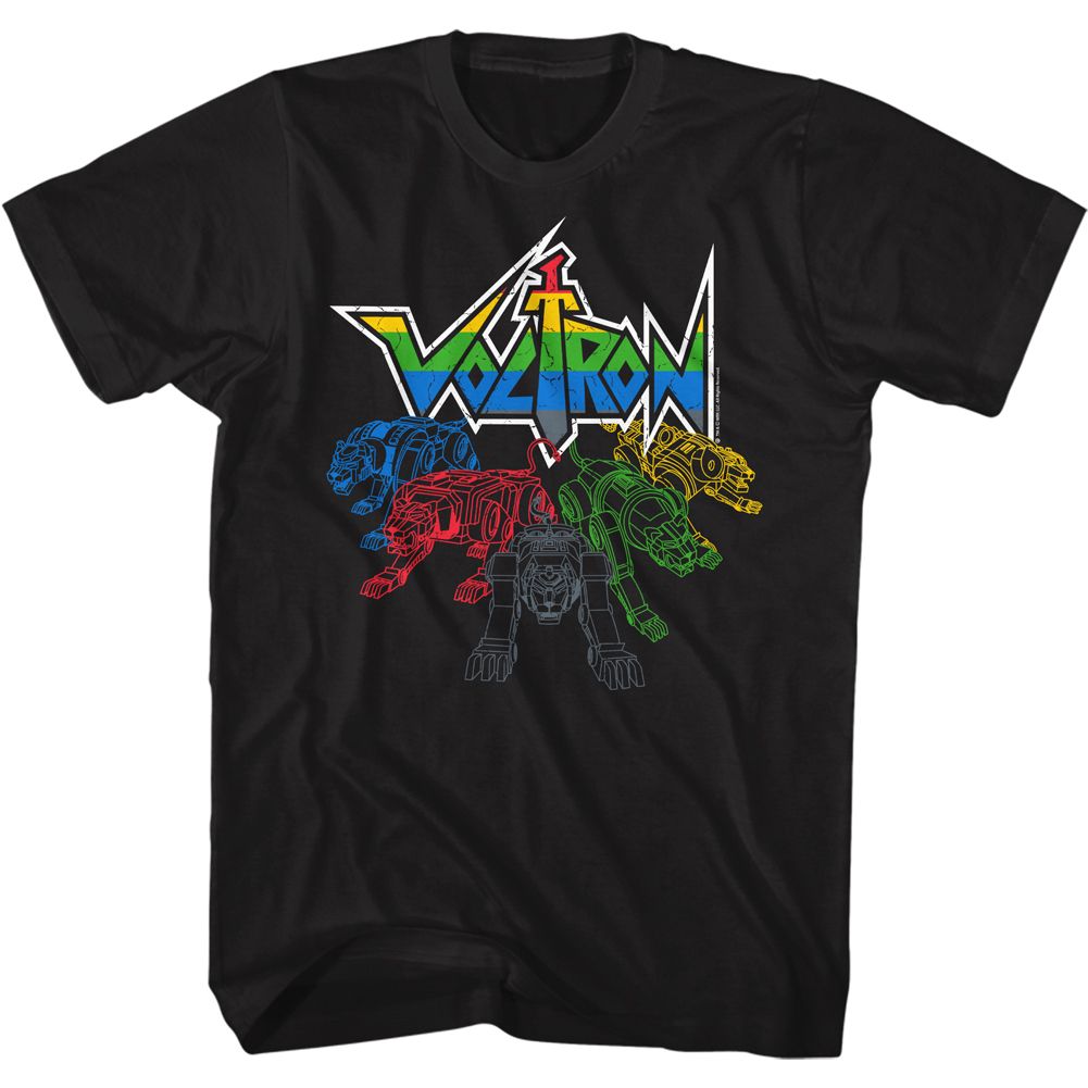Black Voltron T-shirt featuring multicolor Voltron logo with outline artwork of the five Lion Force lions