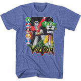 Blue heather Voltron T-shirt featuring Voltron with the five Lion Force pilots and Voltron logo