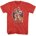 Red heather Voltron T-shirt featuring Voltron with blazing sword and Lion Force artwork