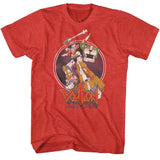 Red heather Voltron T-shirt featuring Voltron with blazing sword and Lion Force artwork