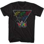 Black Voltron T-shirt featuring the five Lion Force lions in neon outline inside a space triangle with Voltron logo