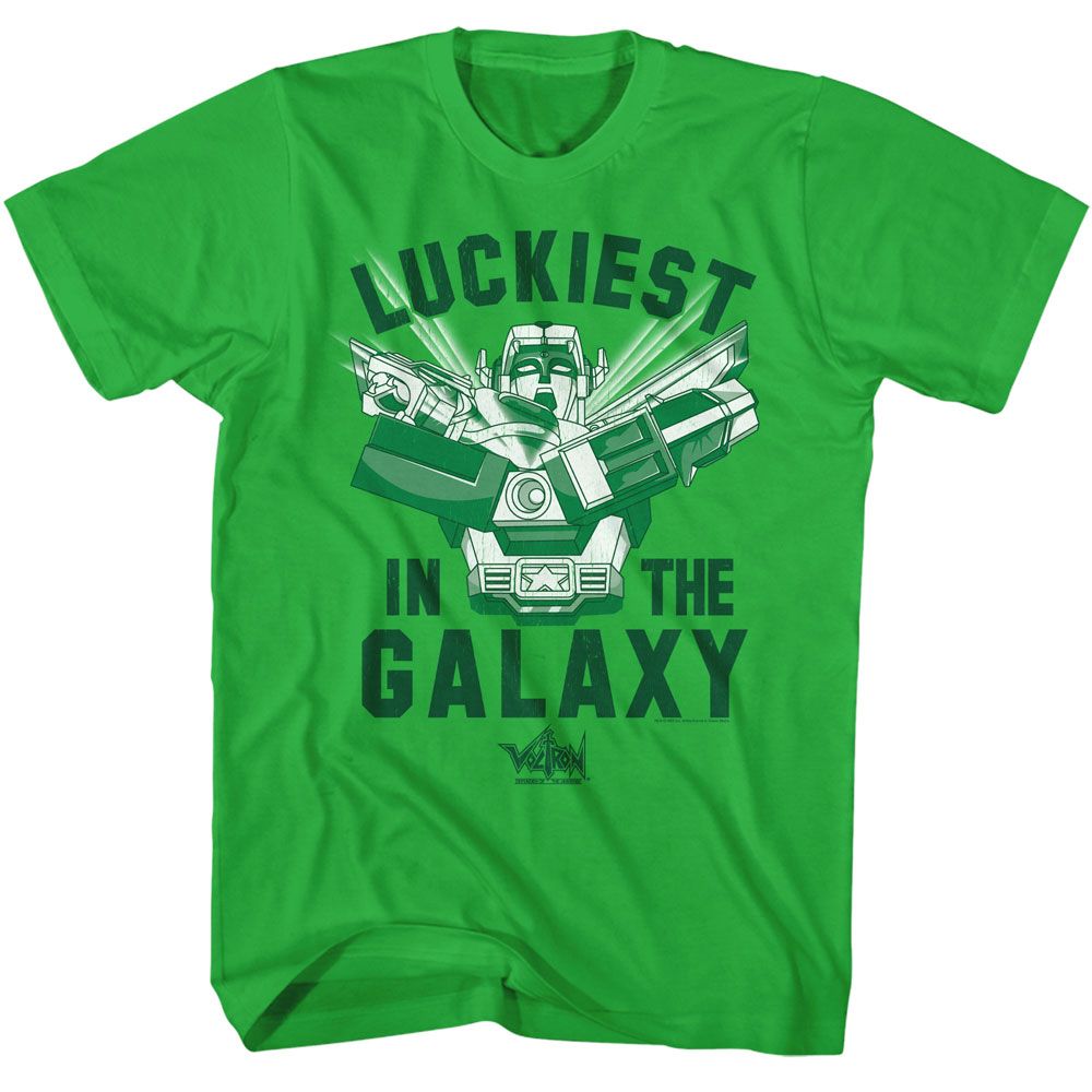 Green St. Patrick’s Day T-shirt featuring Voltron with “Luckiest in the Galaxy” text in bold lettering