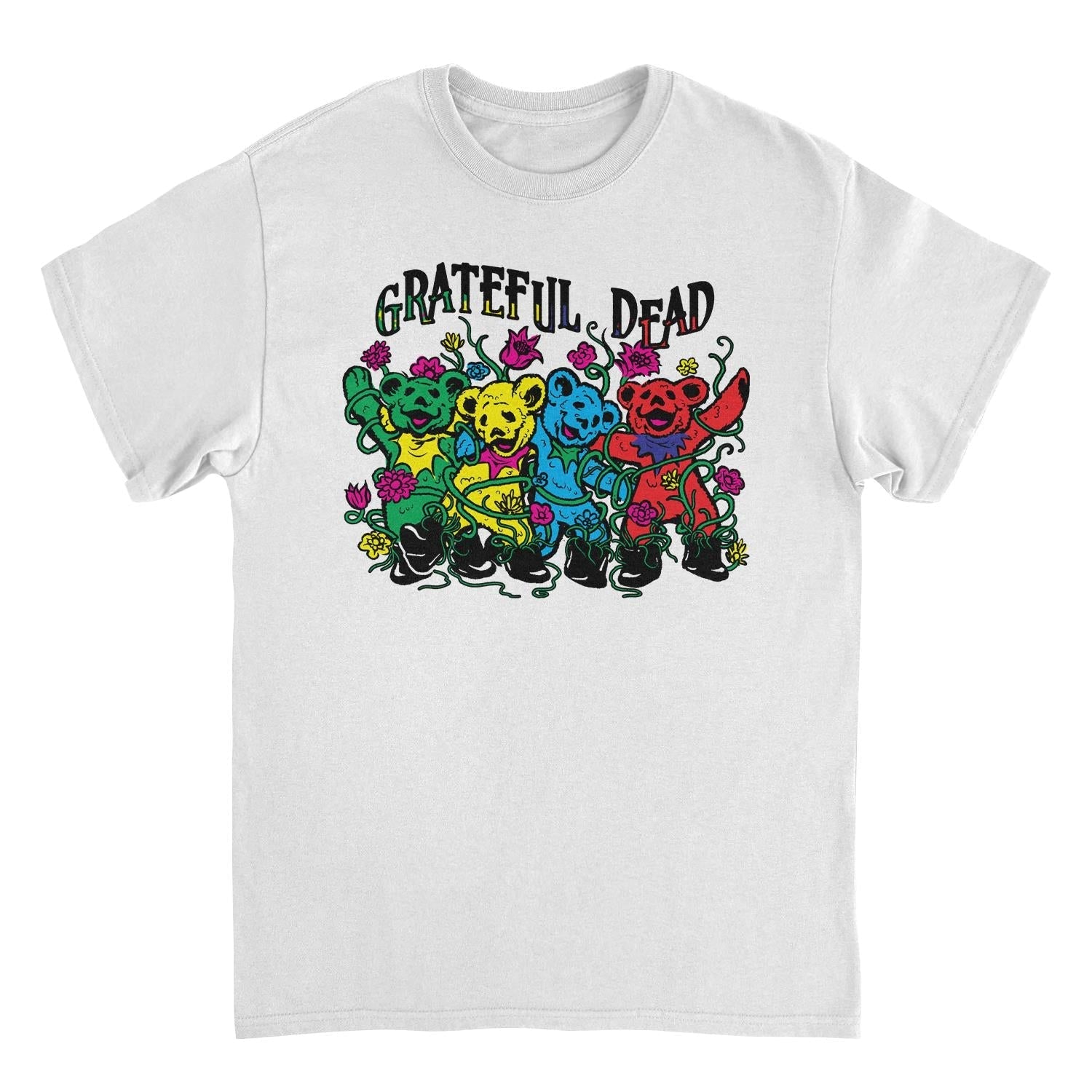 White t-shirt with colorful 'Grateful Dead' bear graphic on a white background