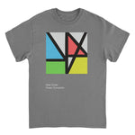 Charcoal gray New Order Music Complete graphic t-shirt with colorful geometric abstract artwork