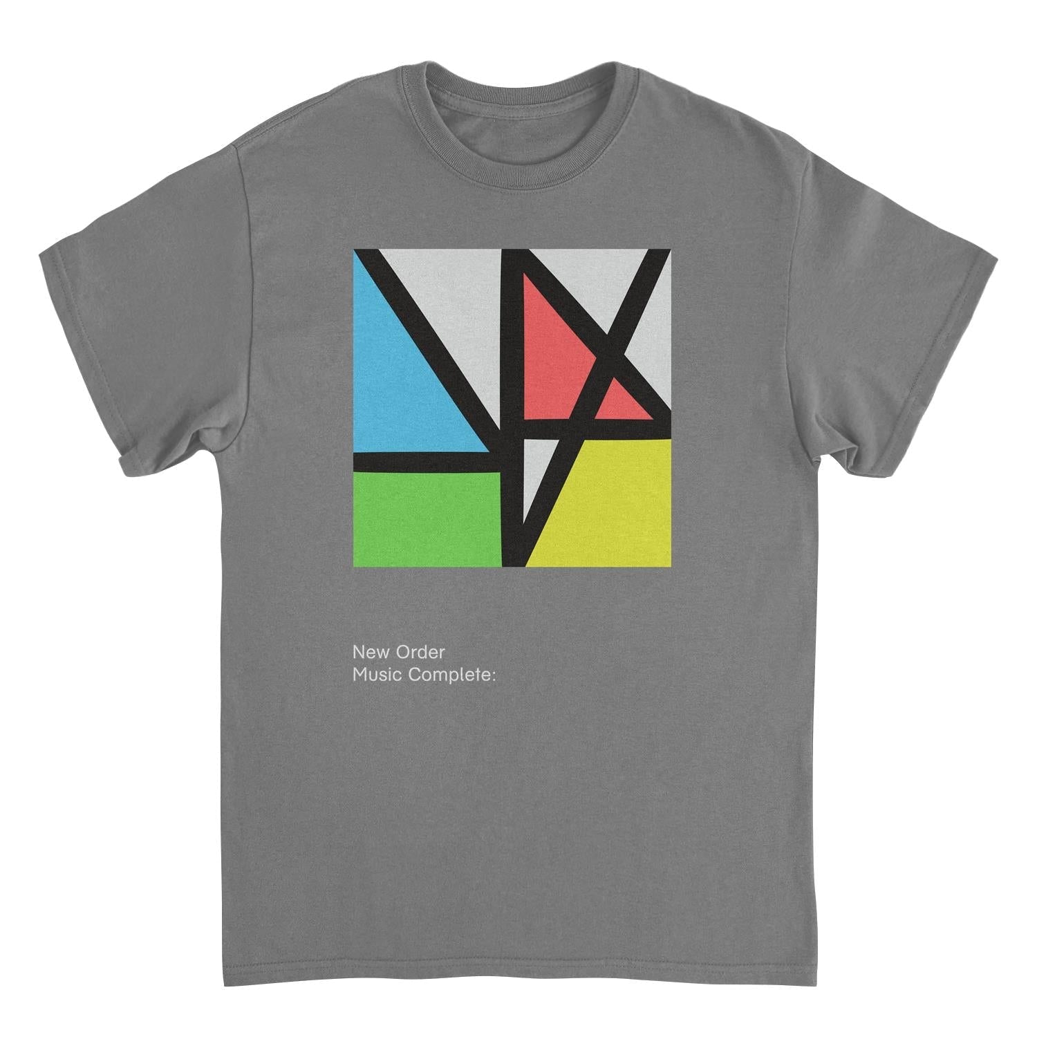 Charcoal gray New Order Music Complete graphic t-shirt with colorful geometric abstract artwork