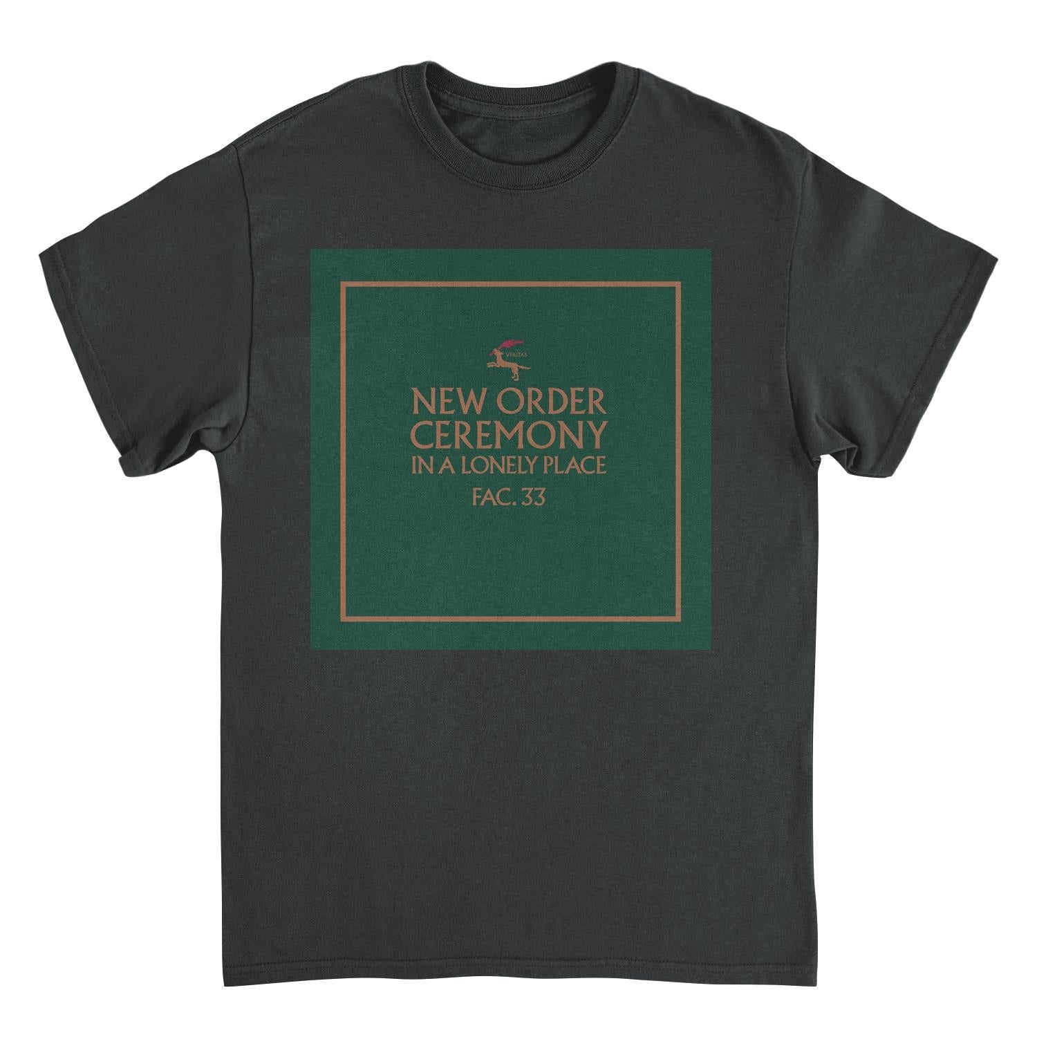 Black New Order Ceremony In A Lonely Place graphic t-shirt with minimalist green album design