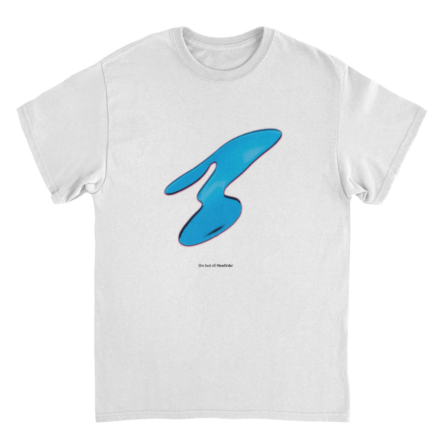 White The Best of New Order graphic t-shirt with minimalist abstract blue symbol artwork