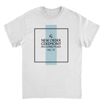 White New Order Ceremony In A Lonely Place graphic t-shirt with minimalist Factory Records inspired design